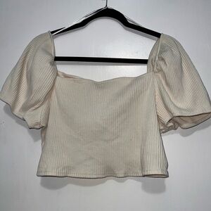 H&M Cream Ribbed Crop Top with Puff Sleeves